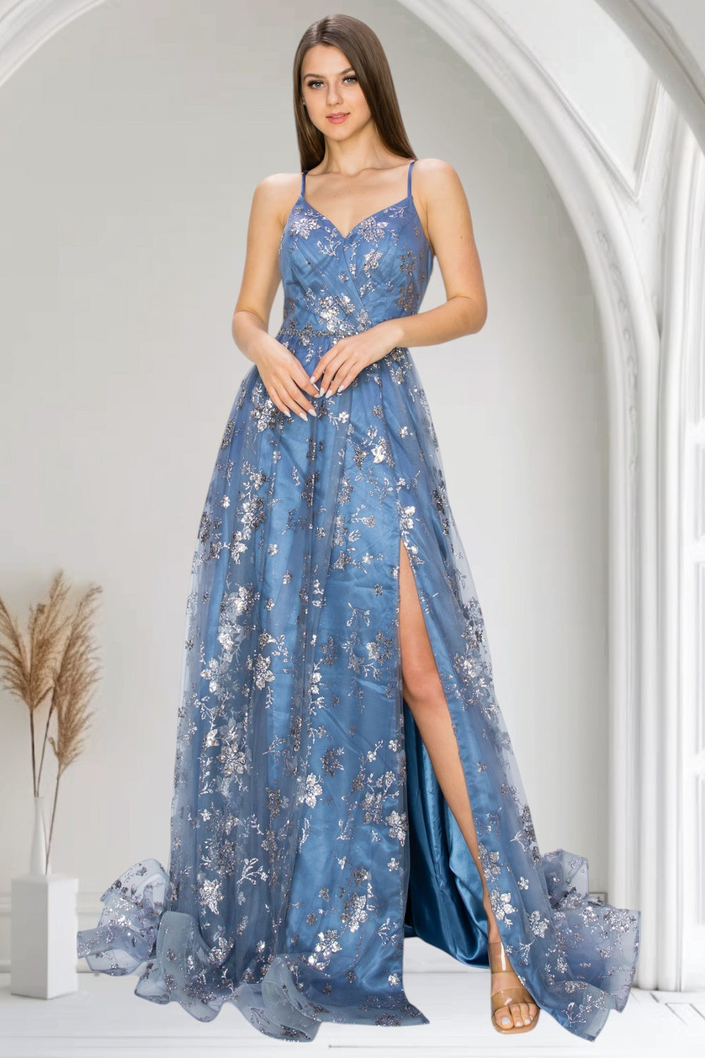 Prom Dresses Prom Long Glitter Print A Line Formal Dress Dusty Blue