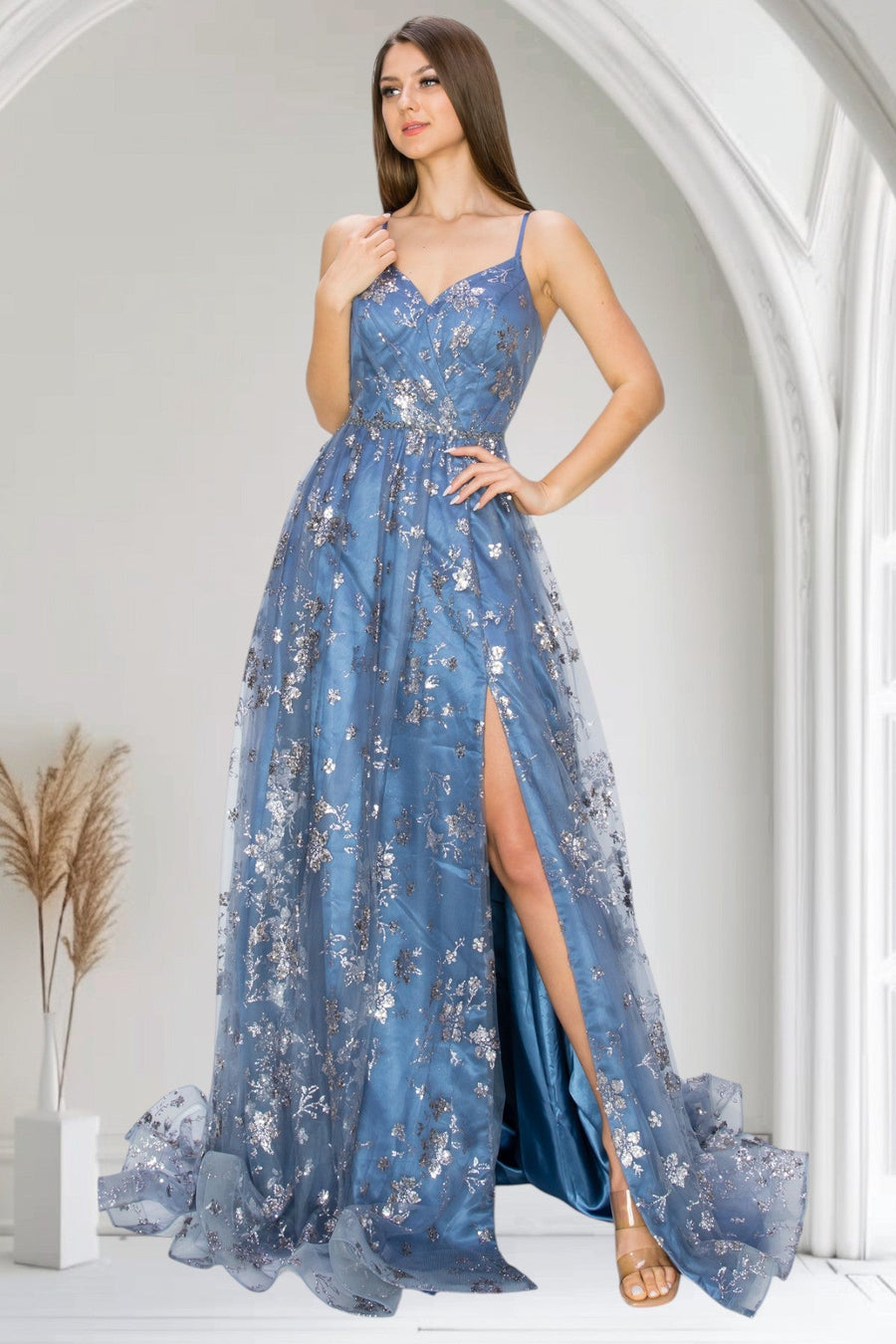 Prom Dresses Prom Long Glitter Print A Line Formal Dress Dusty Blue
