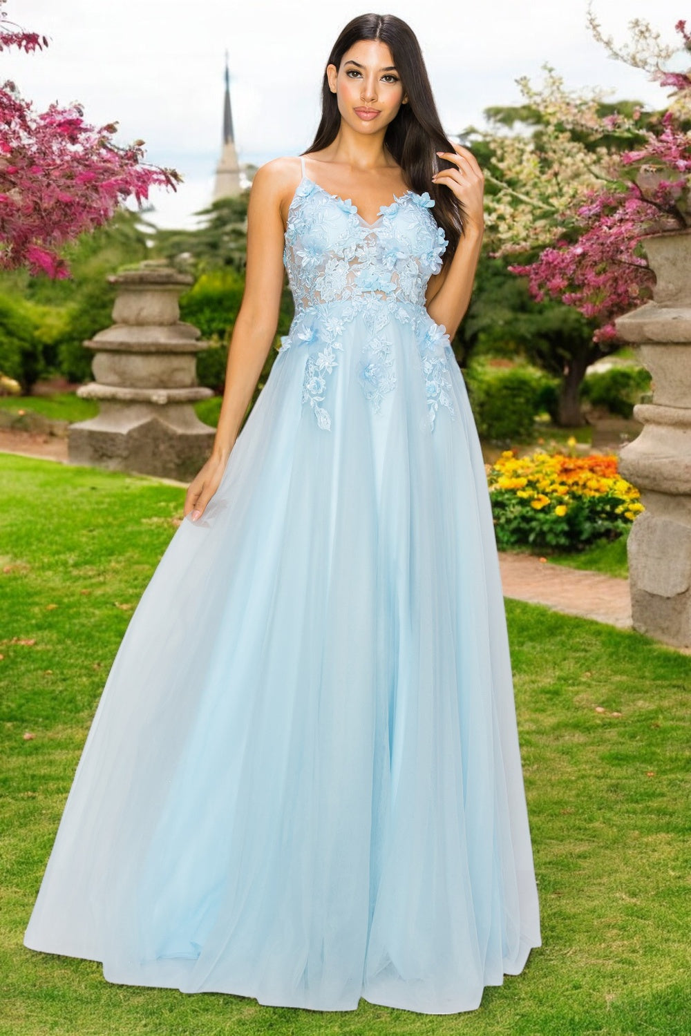 Prom Dresses Long Formal 3D Floral Applique A Line Prom Dress Blue