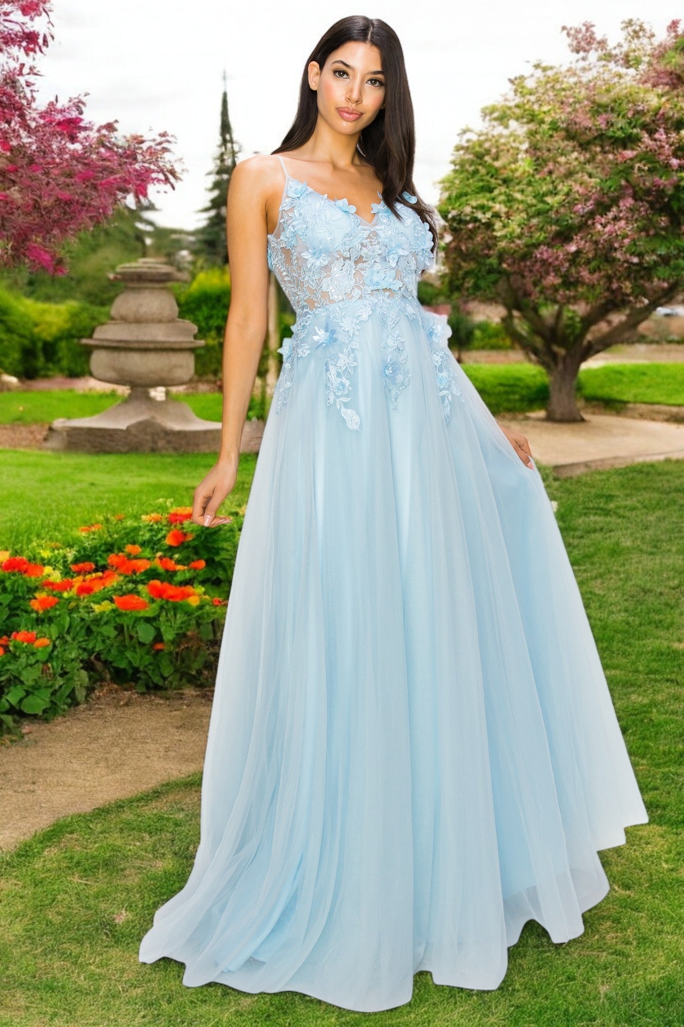 Prom Dresses Long Formal 3D Floral Applique A Line Prom Dress Blue