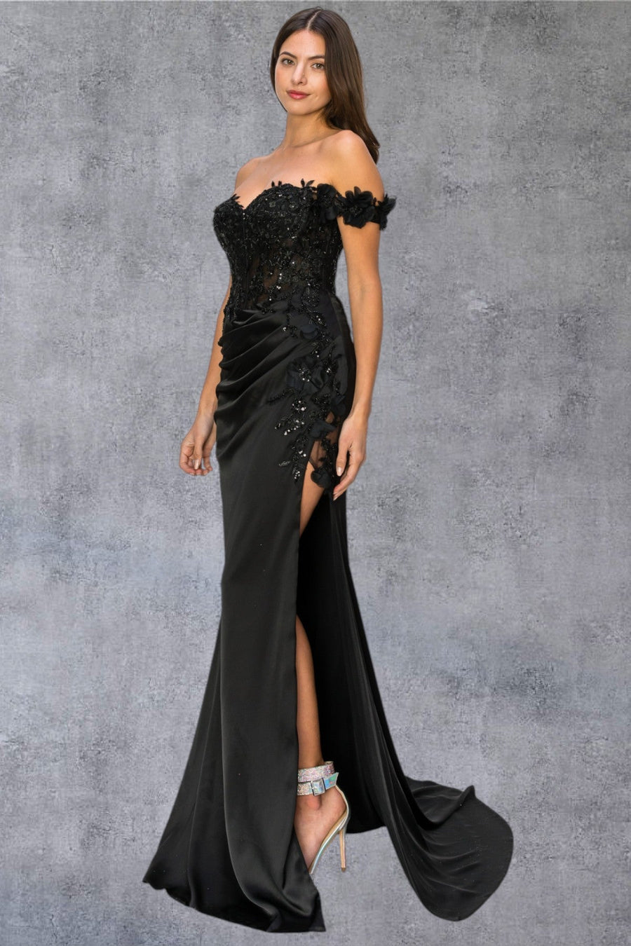 Prom Dresses Long Beaded Formal 3D Floral Applique Prom Dress Black