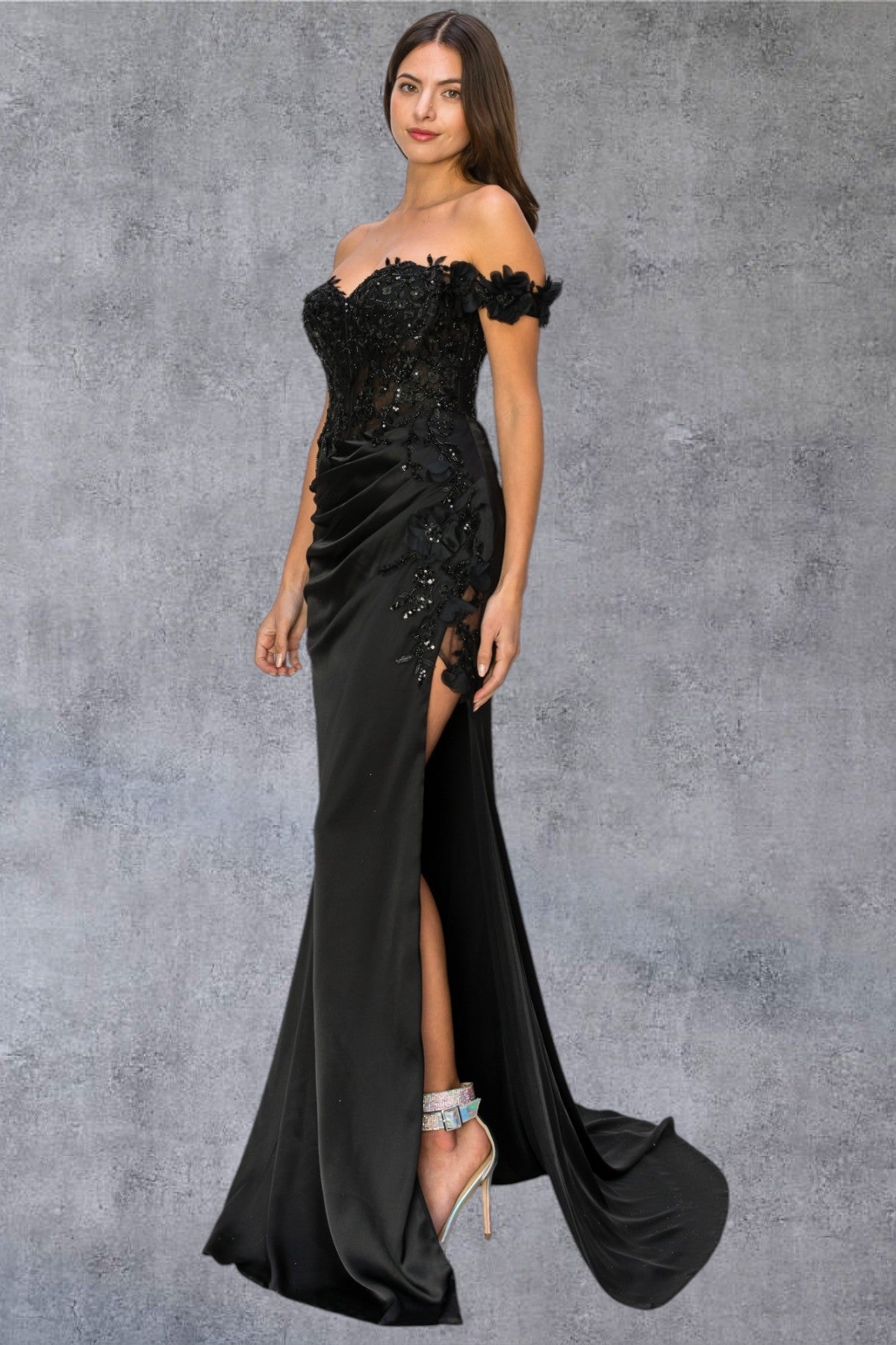 Prom Dresses Long Beaded Formal 3D Floral Applique Prom Dress Black