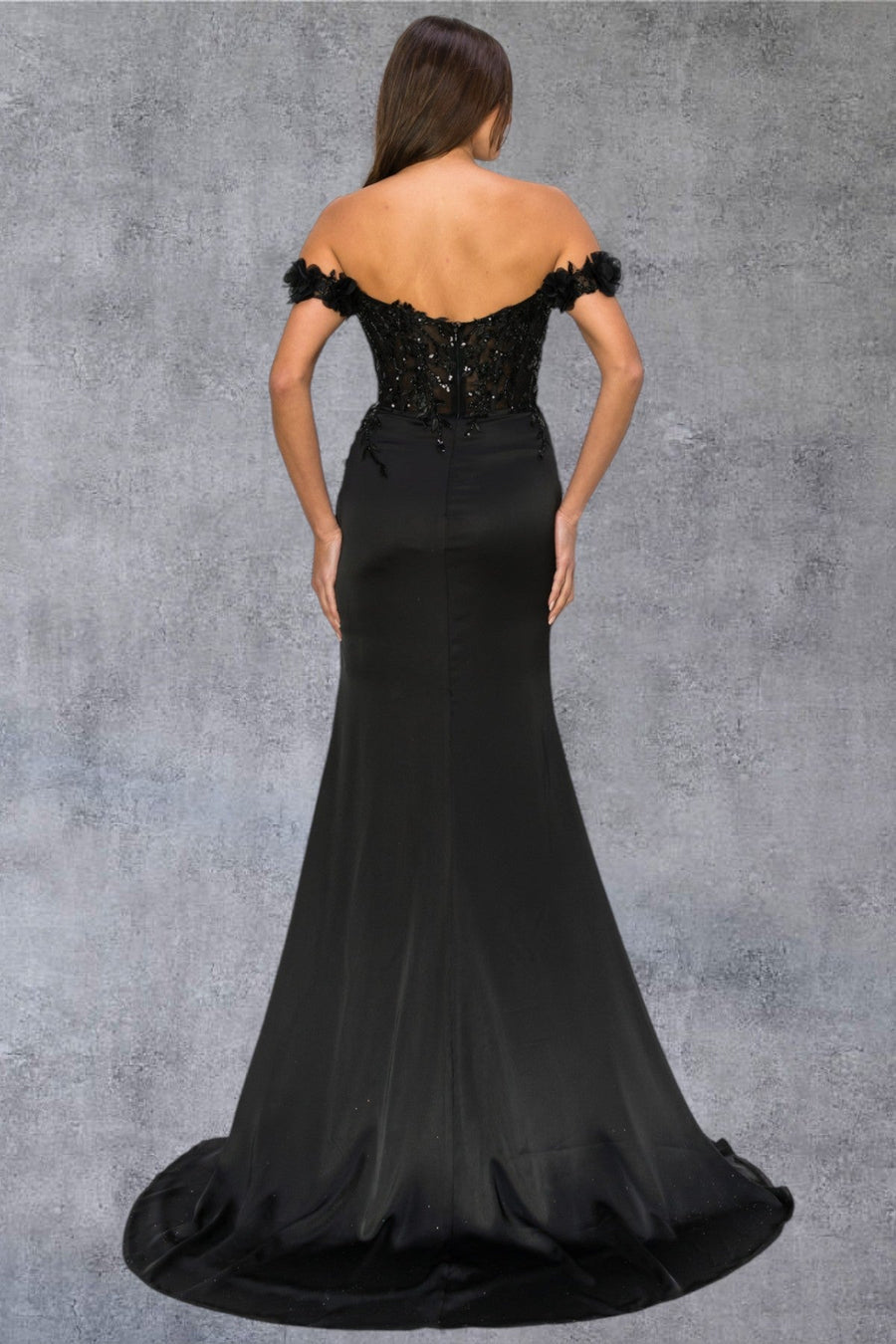 Prom Dresses Long Beaded Formal 3D Floral Applique Prom Dress Black