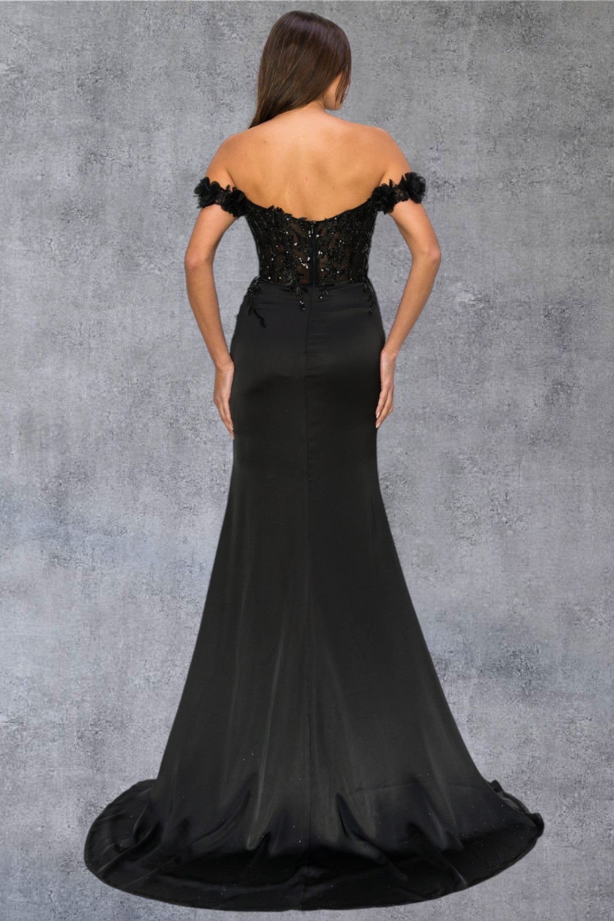 Prom Dresses Long Beaded Formal 3D Floral Applique Prom Dress Black