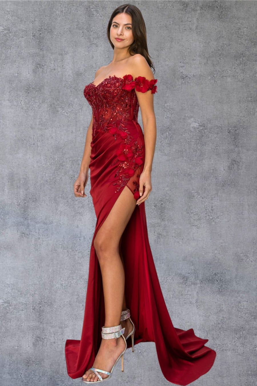 Prom Dresses Long Beaded Formal 3D Floral Applique Prom Dress Wine