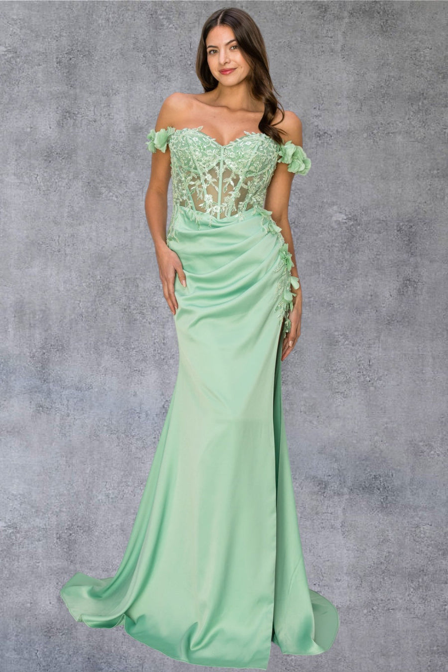 Prom Dresses Long Beaded Formal 3D Floral Applique Prom Dress Sage