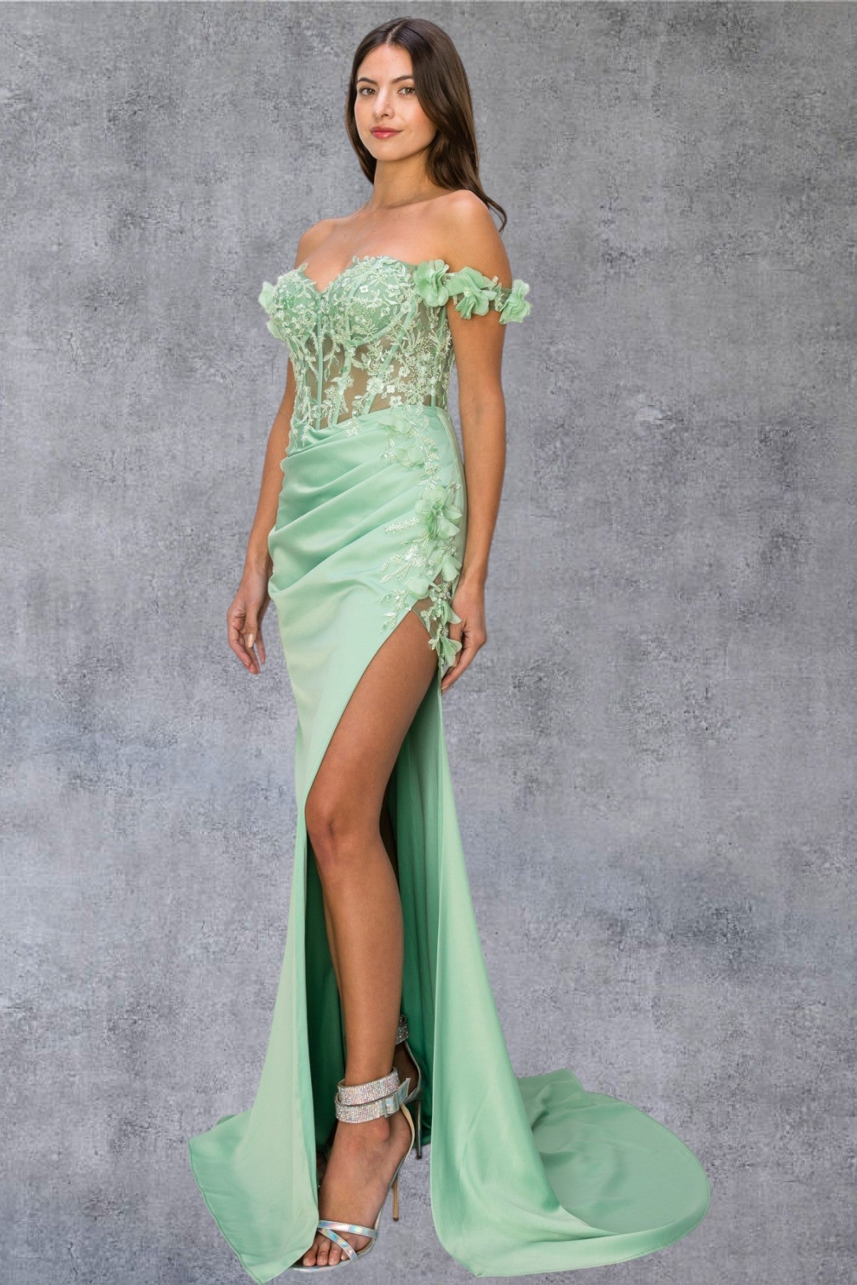 Prom Dresses Long Beaded Formal 3D Floral Applique Prom Dress Sage