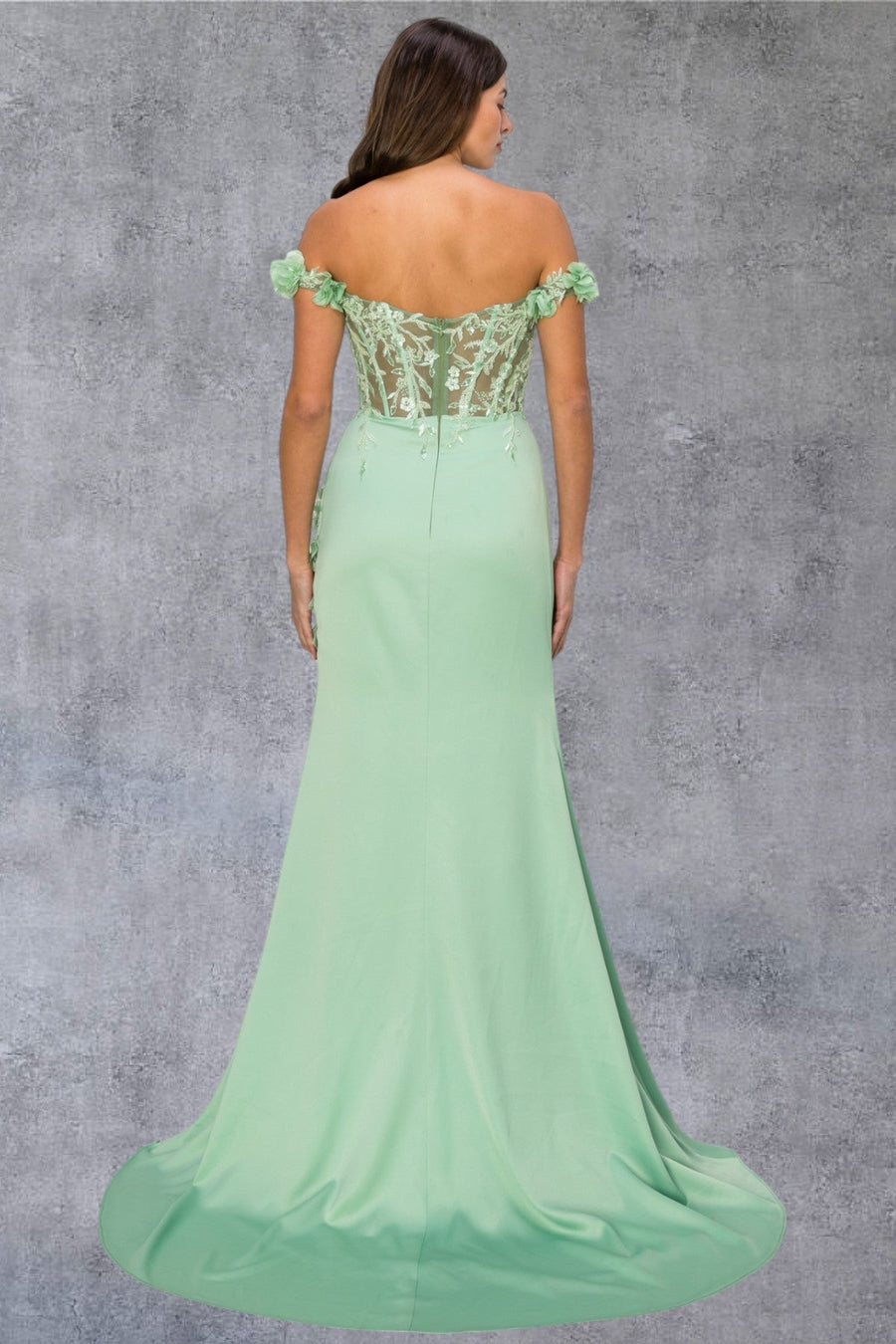 Prom Dresses Long Beaded Formal 3D Floral Applique Prom Dress Sage