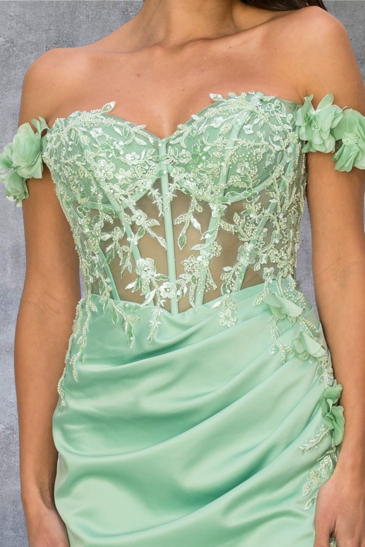 Prom Dresses Long Beaded Formal 3D Floral Applique Prom Dress Sage