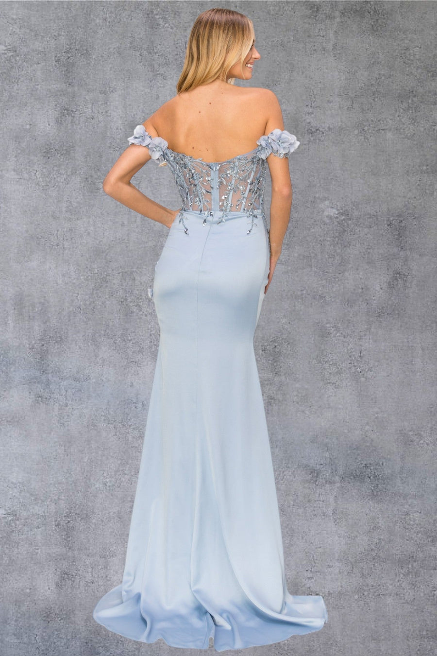 Prom Dresses Long Beaded Formal 3D Floral Applique Prom Dress Blue