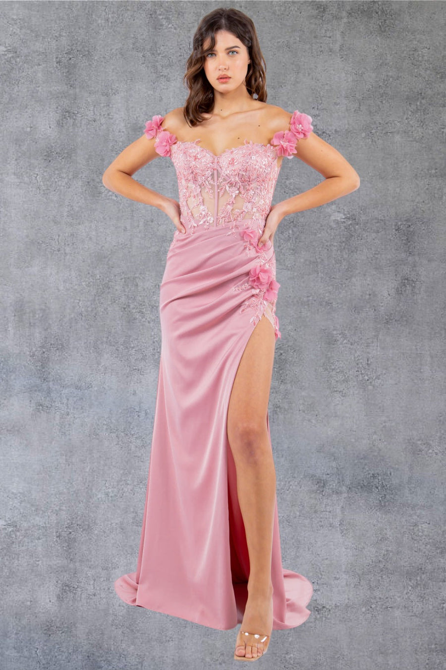 Prom Dresses Long Beaded Formal 3D Floral Applique Prom Dress Rose