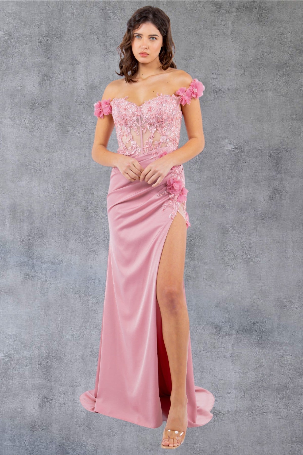 Prom Dresses Long Beaded Formal 3D Floral Applique Prom Dress Rose