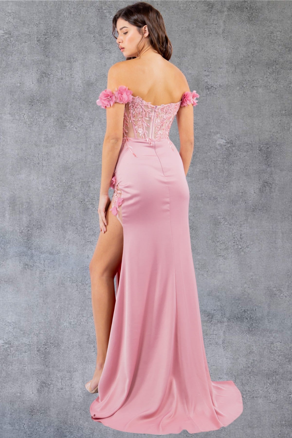 Prom Dresses Long Beaded Formal 3D Floral Applique Prom Dress Rose