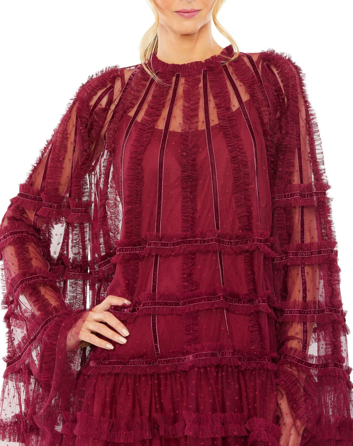 Cocktail Dresses High Neck Ruffle Bell Sleeve Trapeze Short Dress Crimson