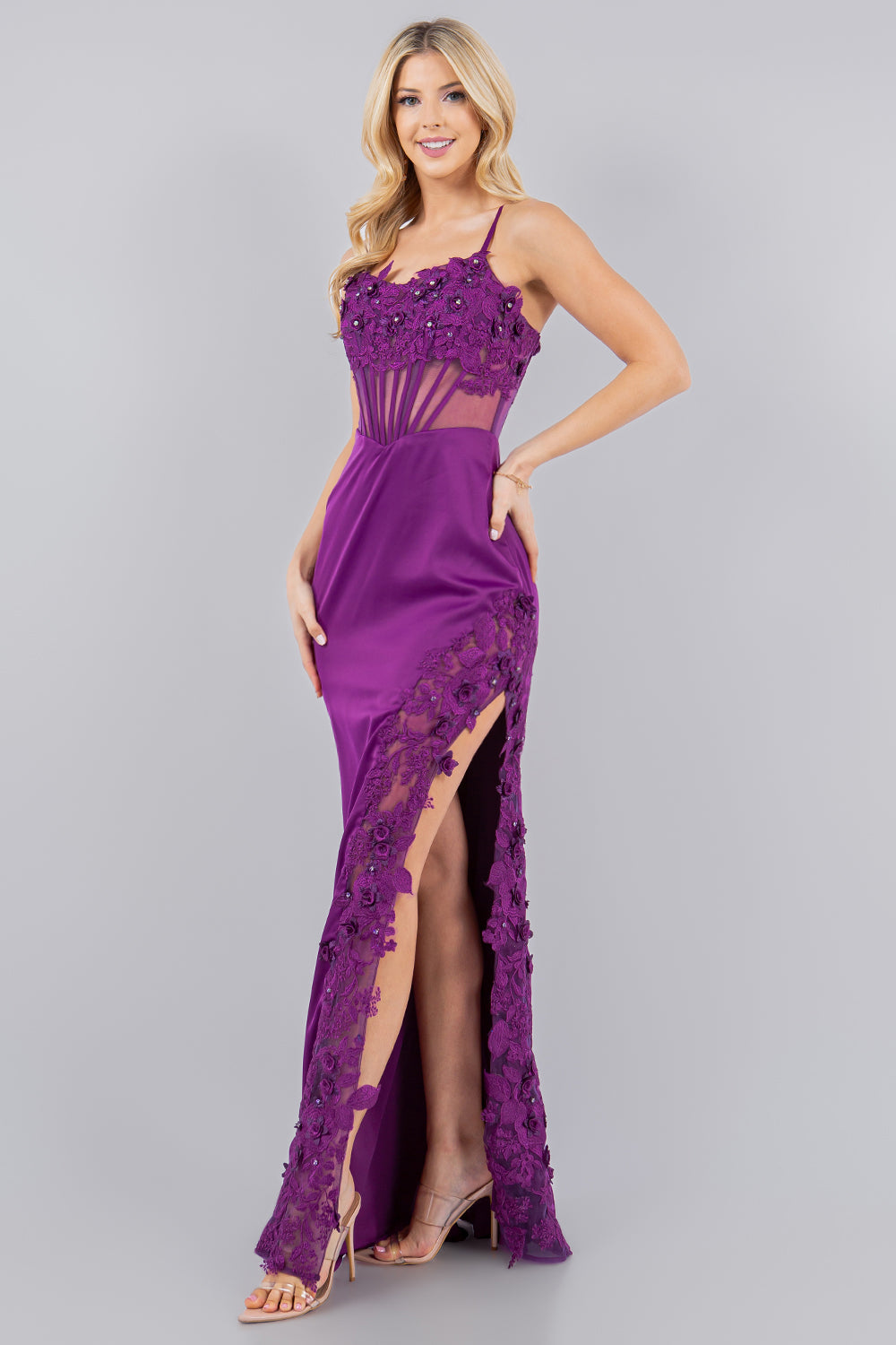Prom Dresses Long Fitted Formal 3D Floral Applique Prom Dress Grape