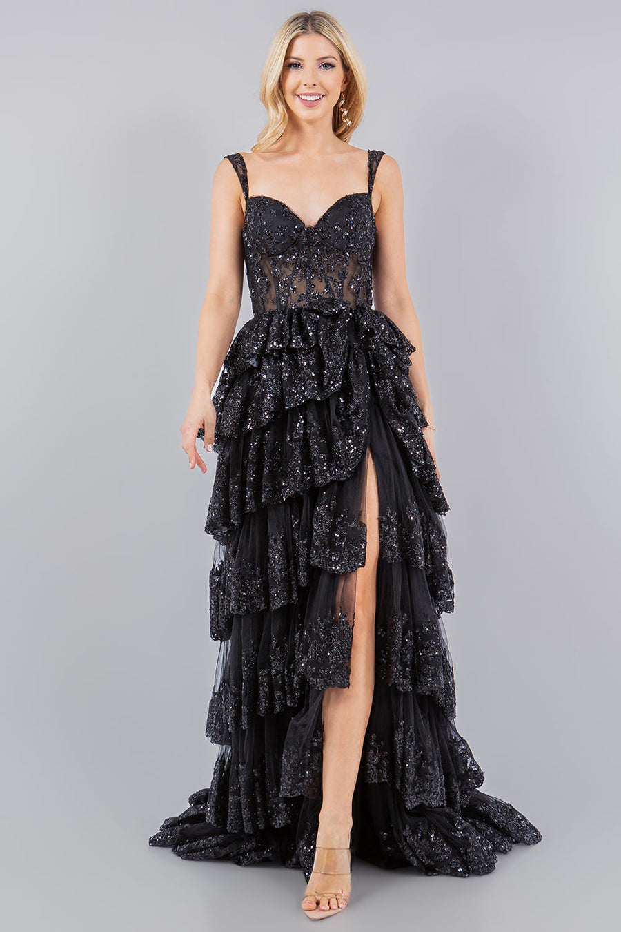 Prom Dresses A Line Long Formal Applique Tiered Prom Dress Black