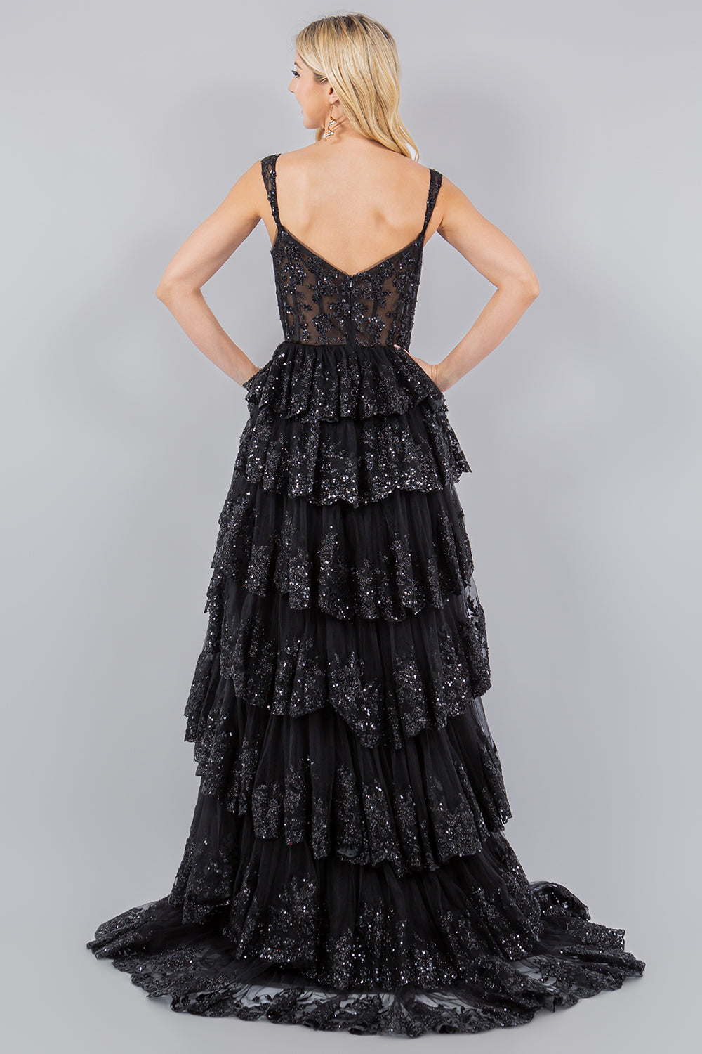 Prom Dresses A Line Long Formal Applique Tiered Prom Dress Black