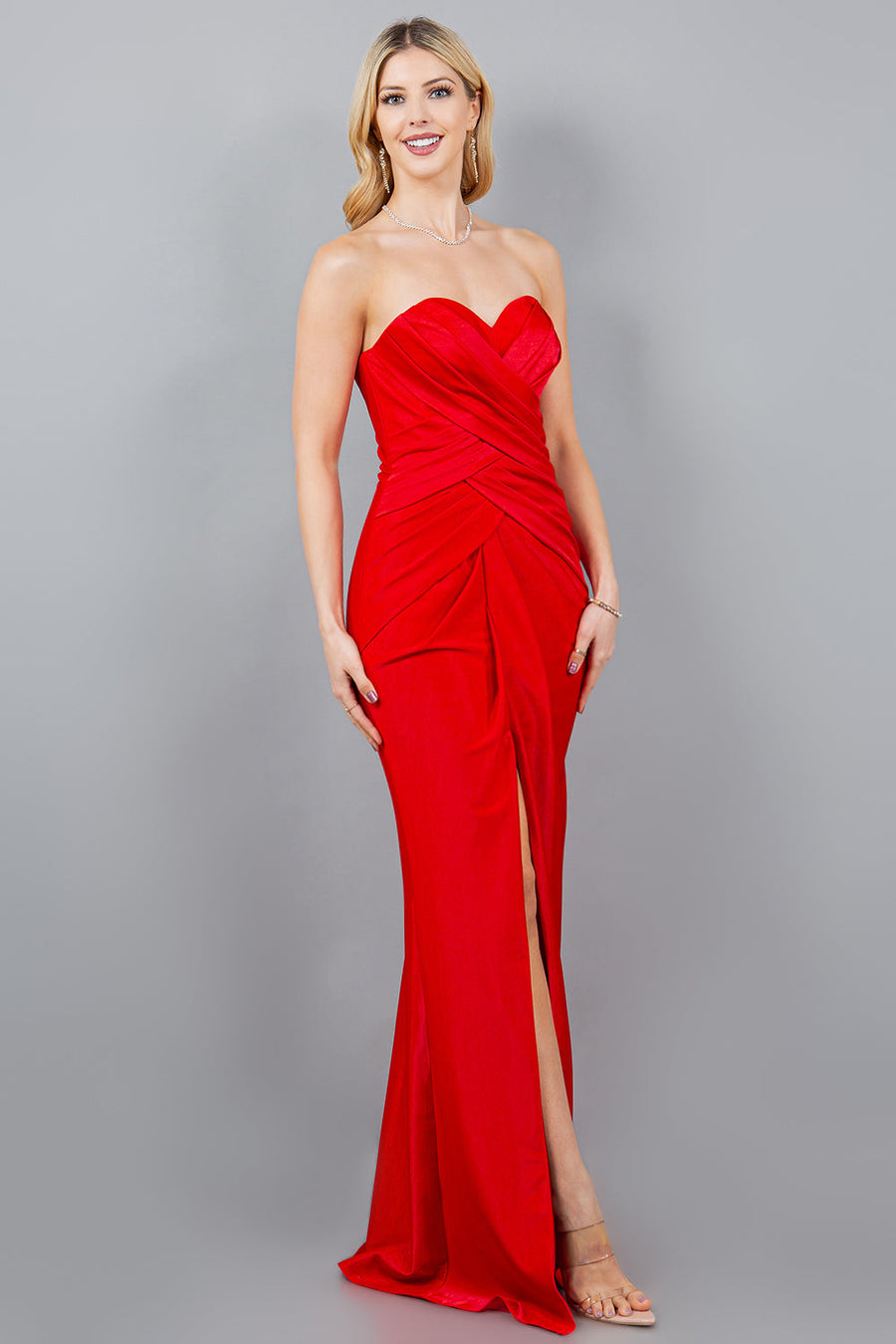 Prom Dresses Fitted Long Metallic Formal Slit Prom Dress Red