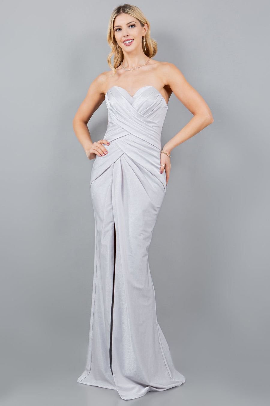 Prom Dresses Fitted Long Metallic Formal Slit Prom Dress Silver