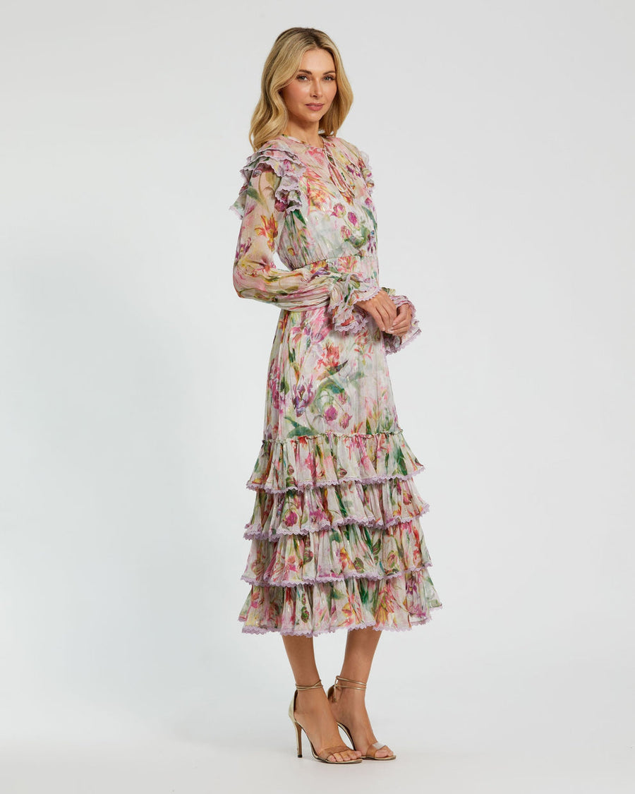 Cocktail Dresses Short Ruffle Floral Midi Length Cocktail Dress Lilac Multi