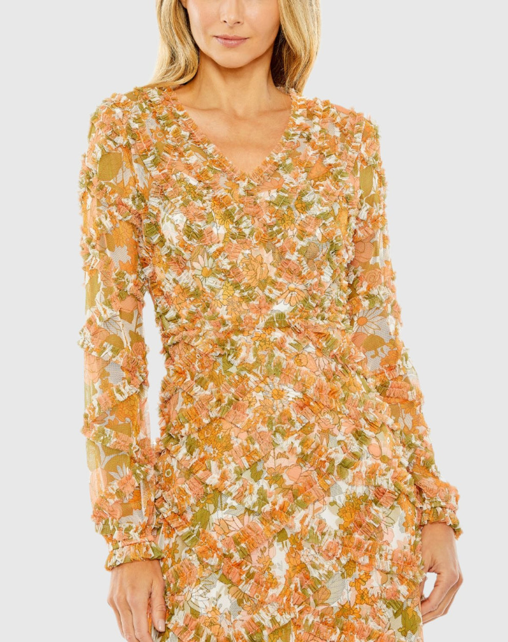 Cocktail Dresses Short Cocktail Floral Midi Length Ruffle Dress Orange Multi