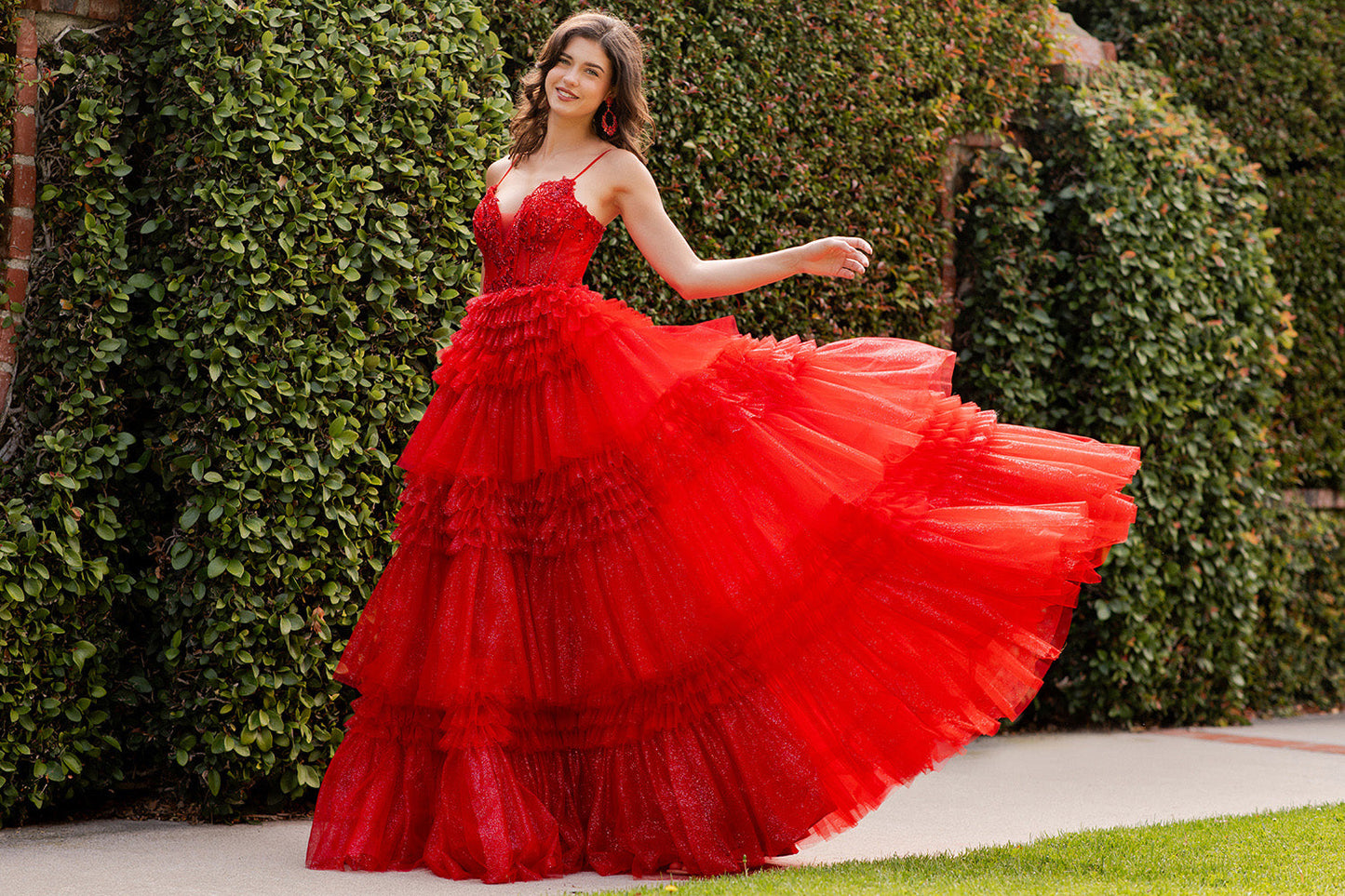 Prom Dresses Prom Long Layered Ruffle Formal A Line Dress Red