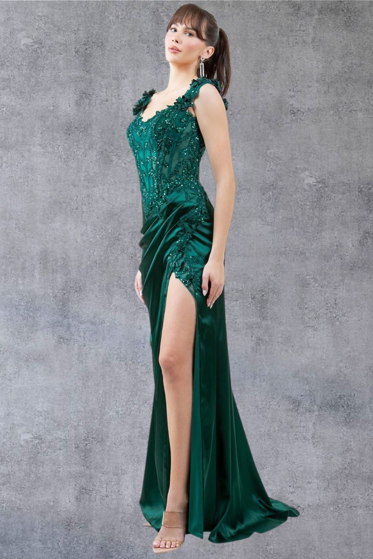 Prom Dresses Long Lace Prom Beaded Slit 3D Formal Dress Hunter Green