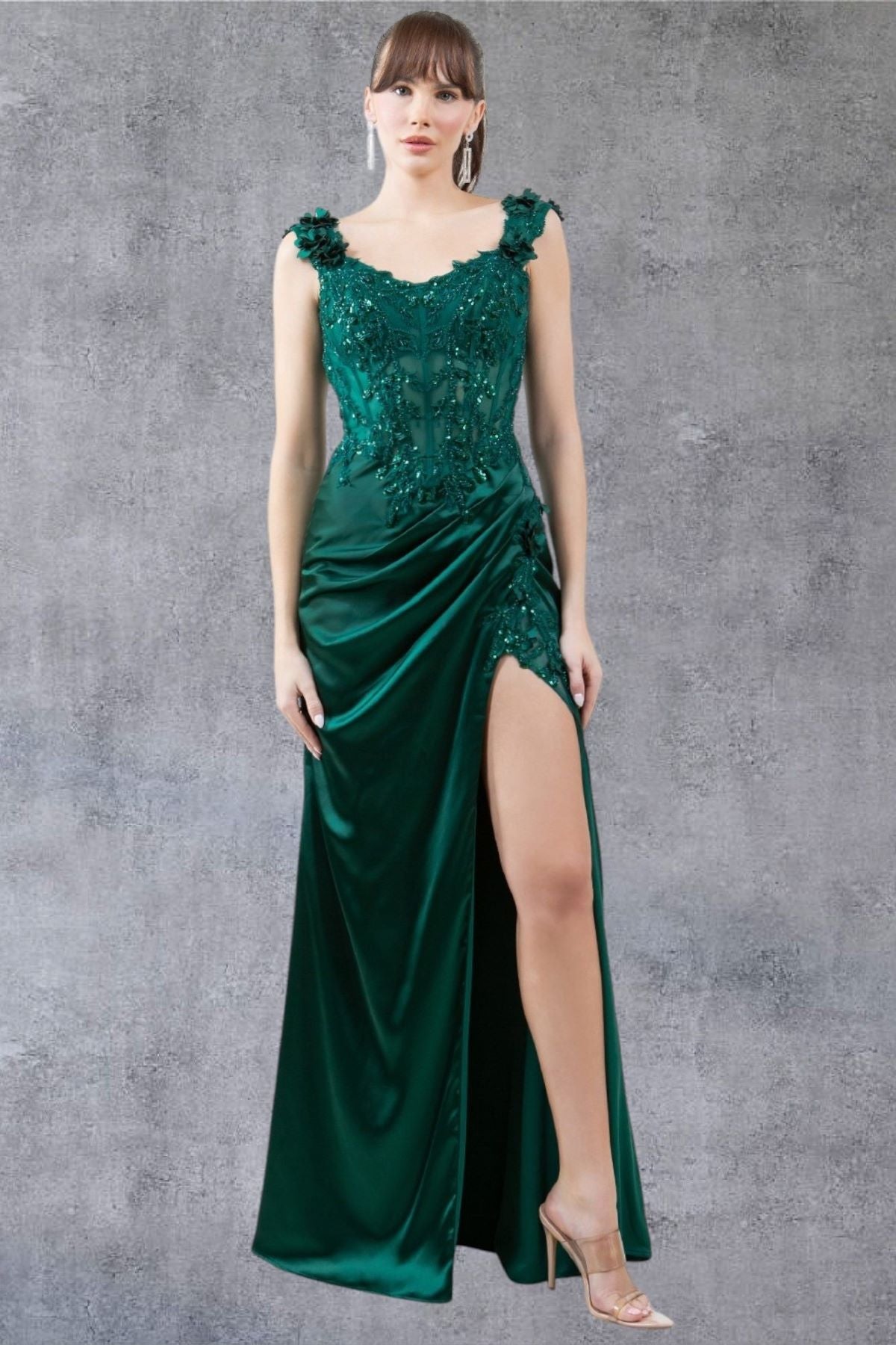 Prom Dresses Long Lace Prom Beaded Slit 3D Formal Dress Hunter Green