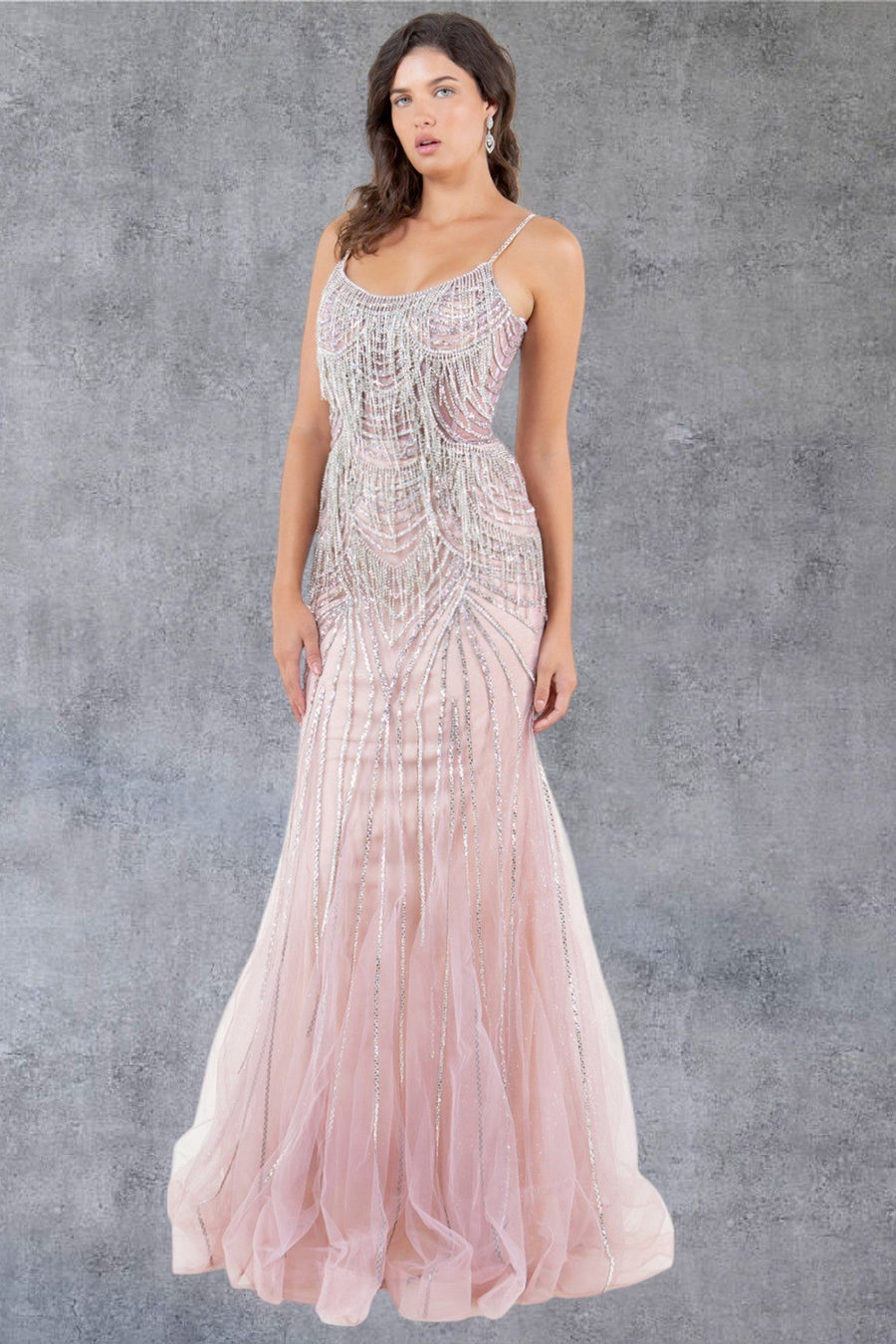 Prom Dresses Beaded Long Lace Formal Prom Dress Rose/Silver
