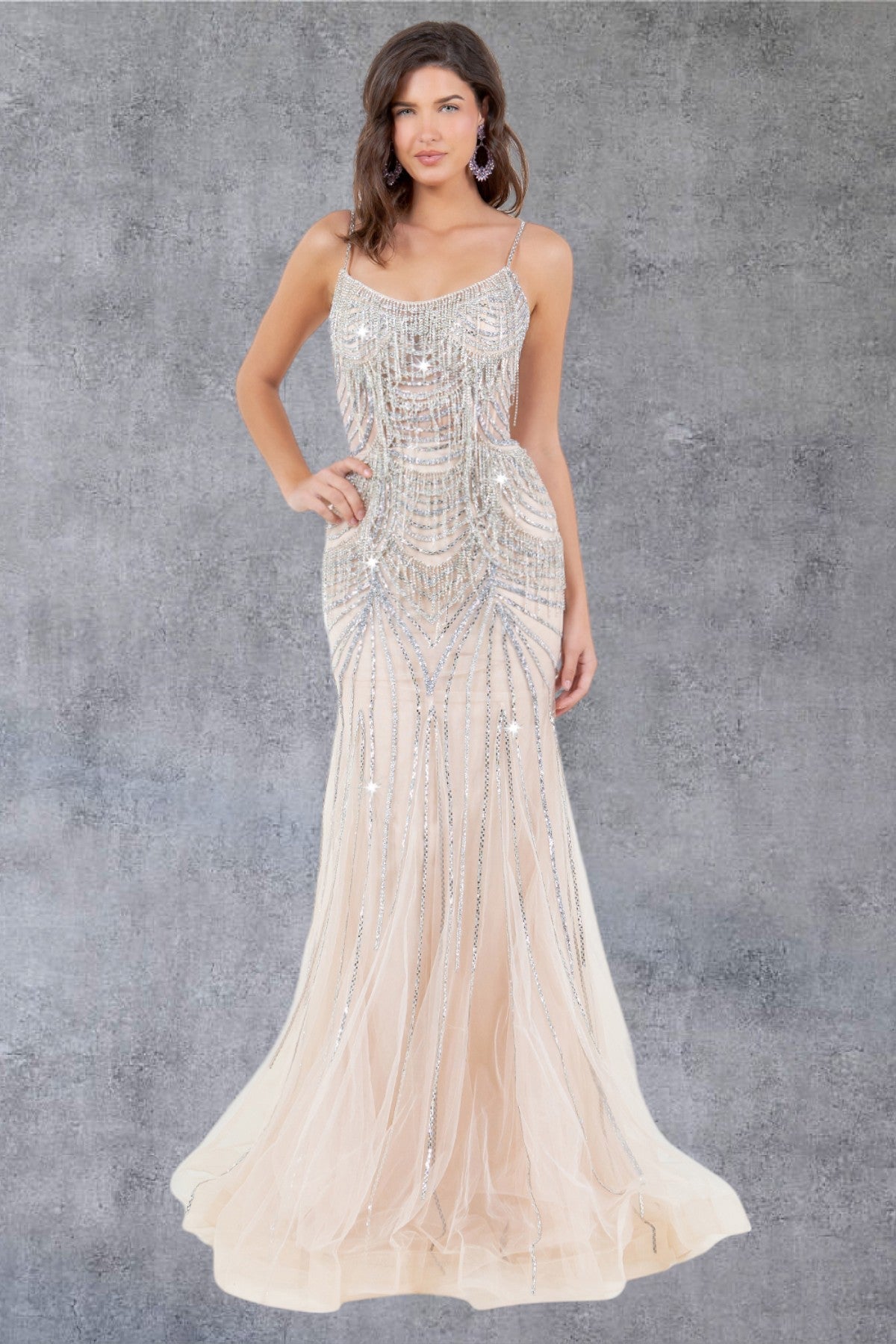 Prom Dresses Beaded Long Lace Formal Prom Dress Nude/Silver
