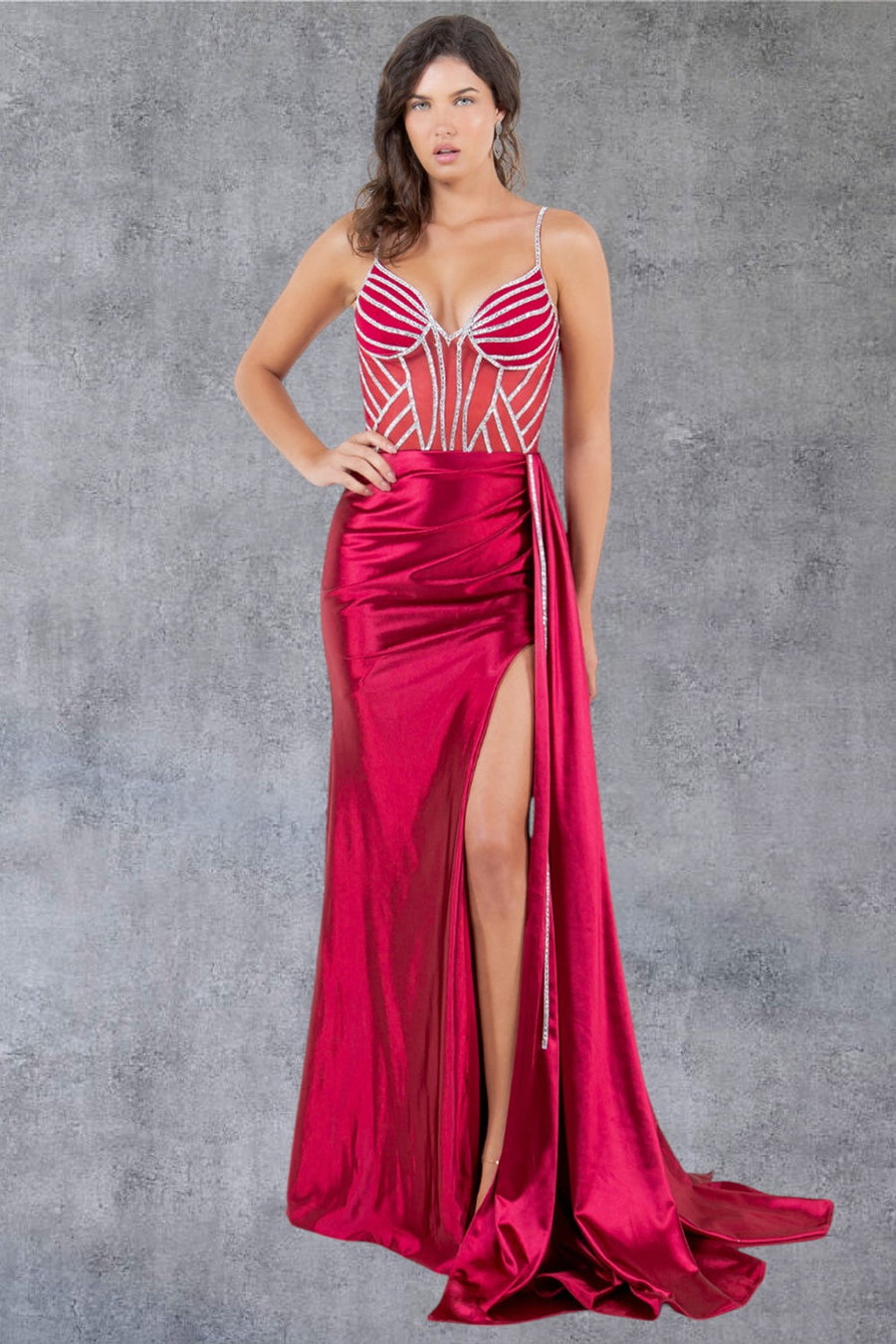 Prom Dresses Fitted Long Prom Slit Beaded Formal Dress Red