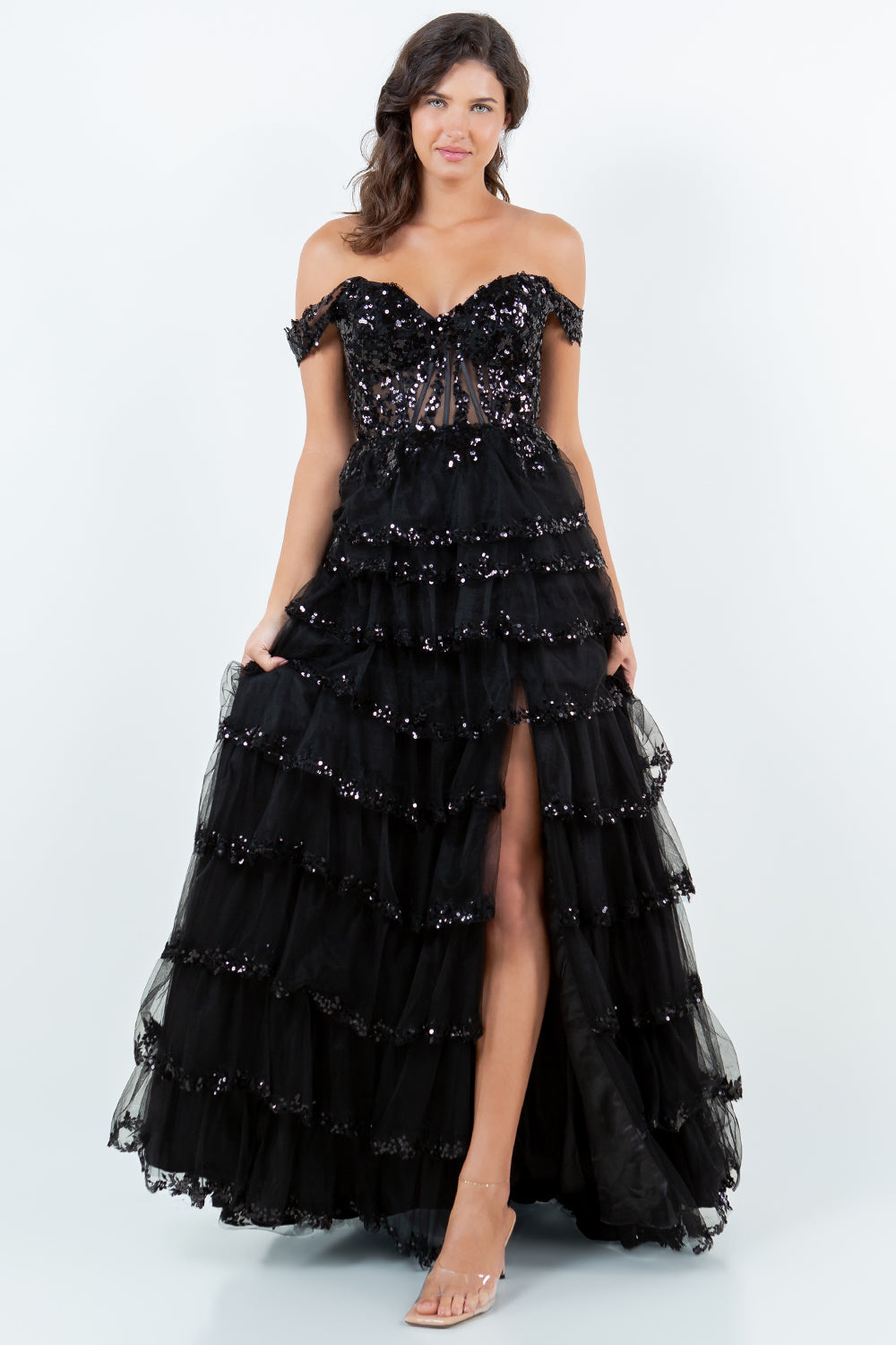 Prom Dresses Long Formal A Line Prom Layered Ruffle Dress Black