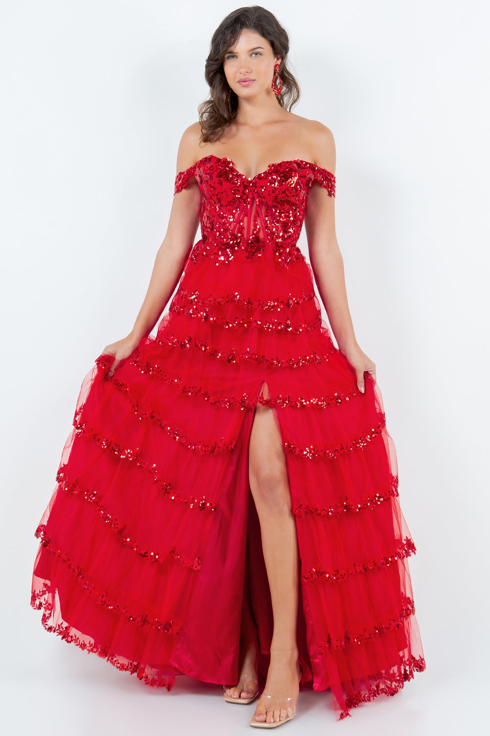 Prom Dresses Long Formal A Line Prom Layered Ruffle Dress Red