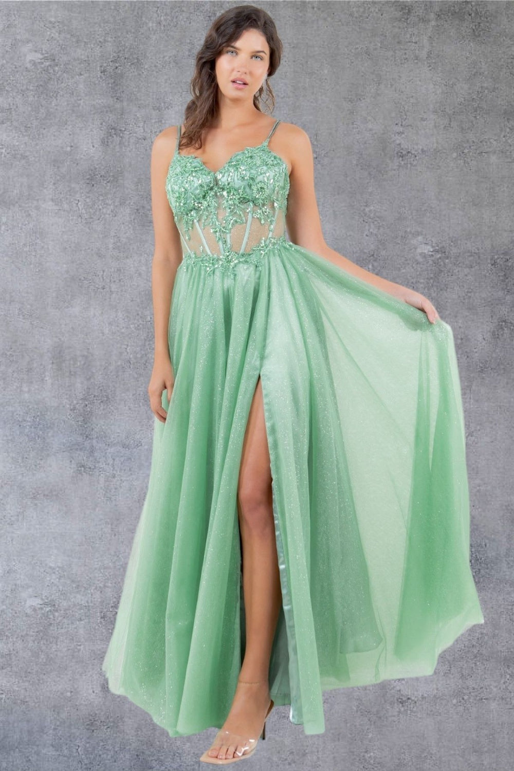 Prom Dresses A Line Long Formal Prom Glitter Dress Sage