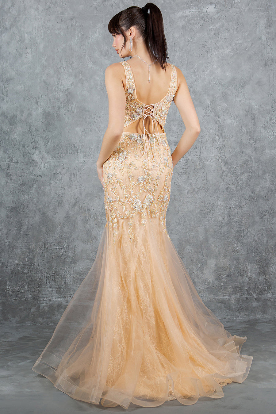 Prom Dresses Formal Long Beaded Lace Mermaid Prom Dress Champagne