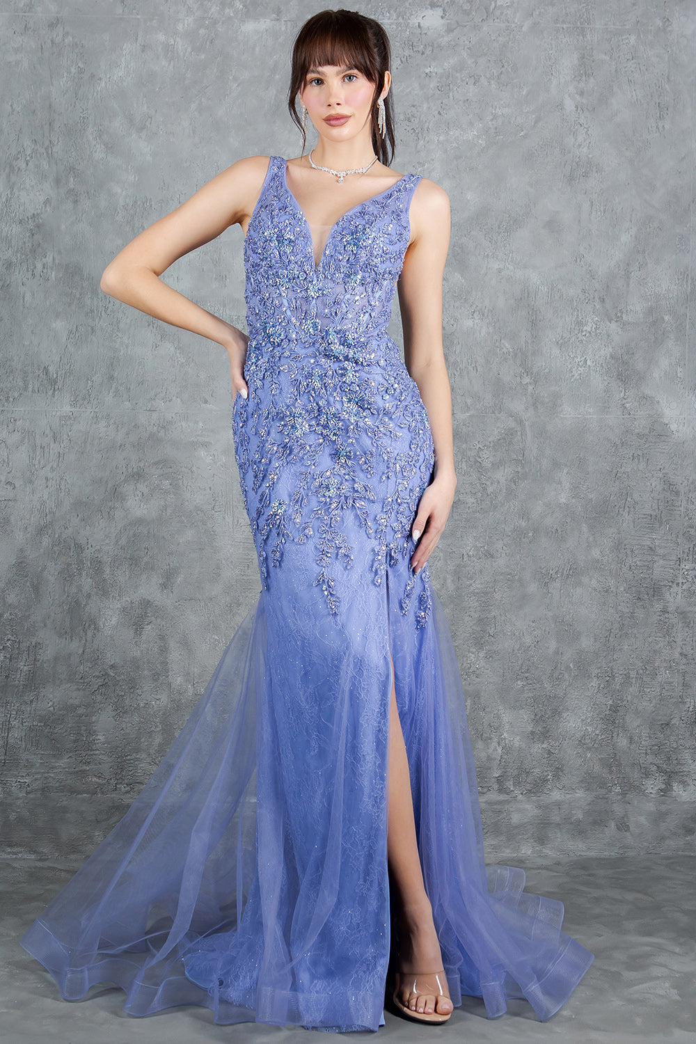 Prom Dresses Formal Long Beaded Lace Mermaid Prom Dress Dusty Blue