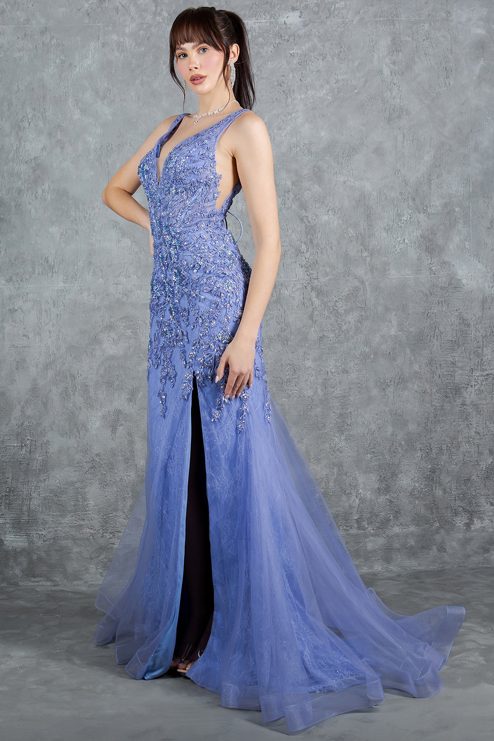 Prom Dresses Formal Long Beaded Lace Mermaid Prom Dress Dusty Blue