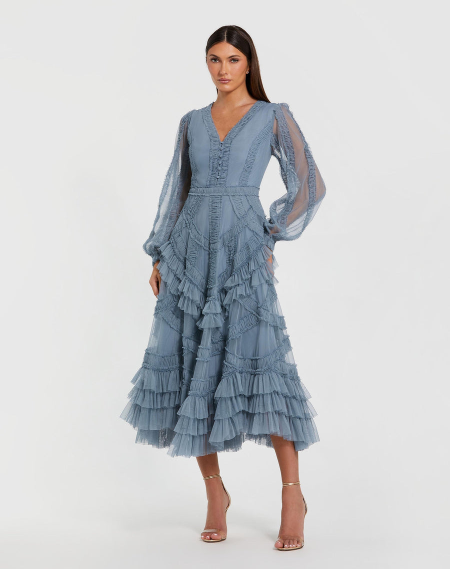 Cocktail Dresses A Line Short Cocktail Ruffle Midi Length Dress Slate Blue