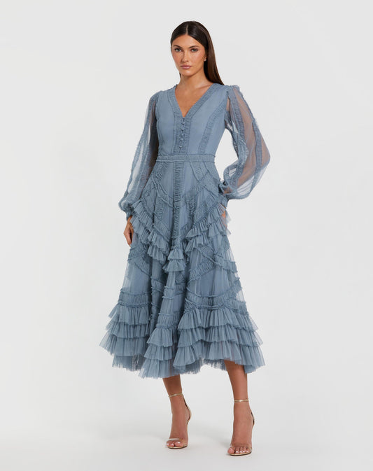 Cocktail Dresses A Line Short Cocktail Ruffle Midi Length Dress Slate Blue