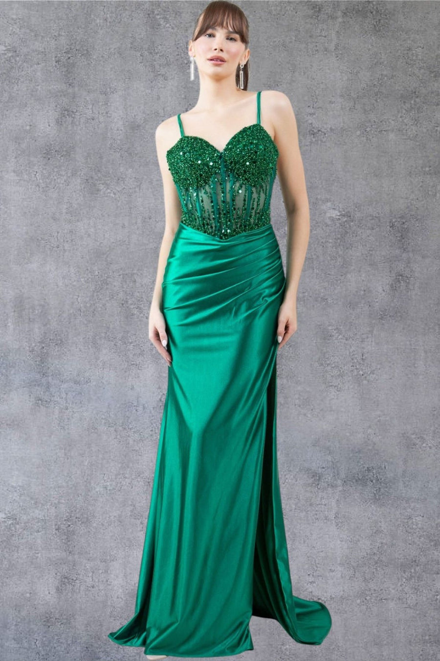 Prom Dresses Beaded Slit Long Formal Prom Sequin Dress Emerald