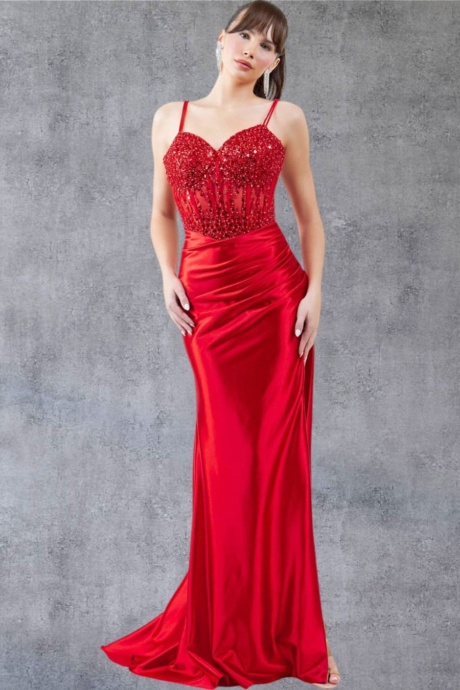 Prom Dresses Beaded Slit Long Formal Prom Sequin Dress Red