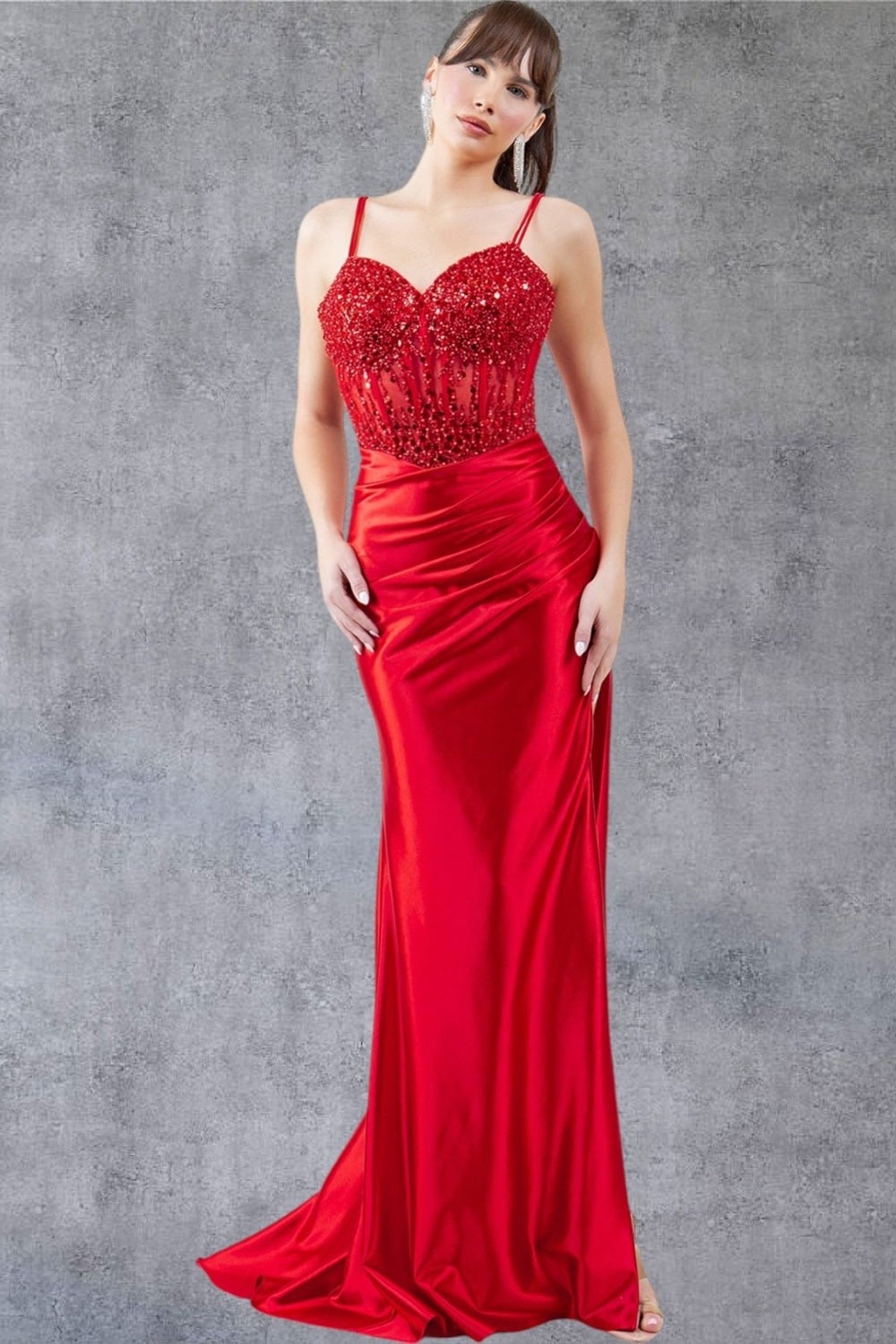 Prom Dresses Beaded Slit Long Formal Prom Sequin Dress Red