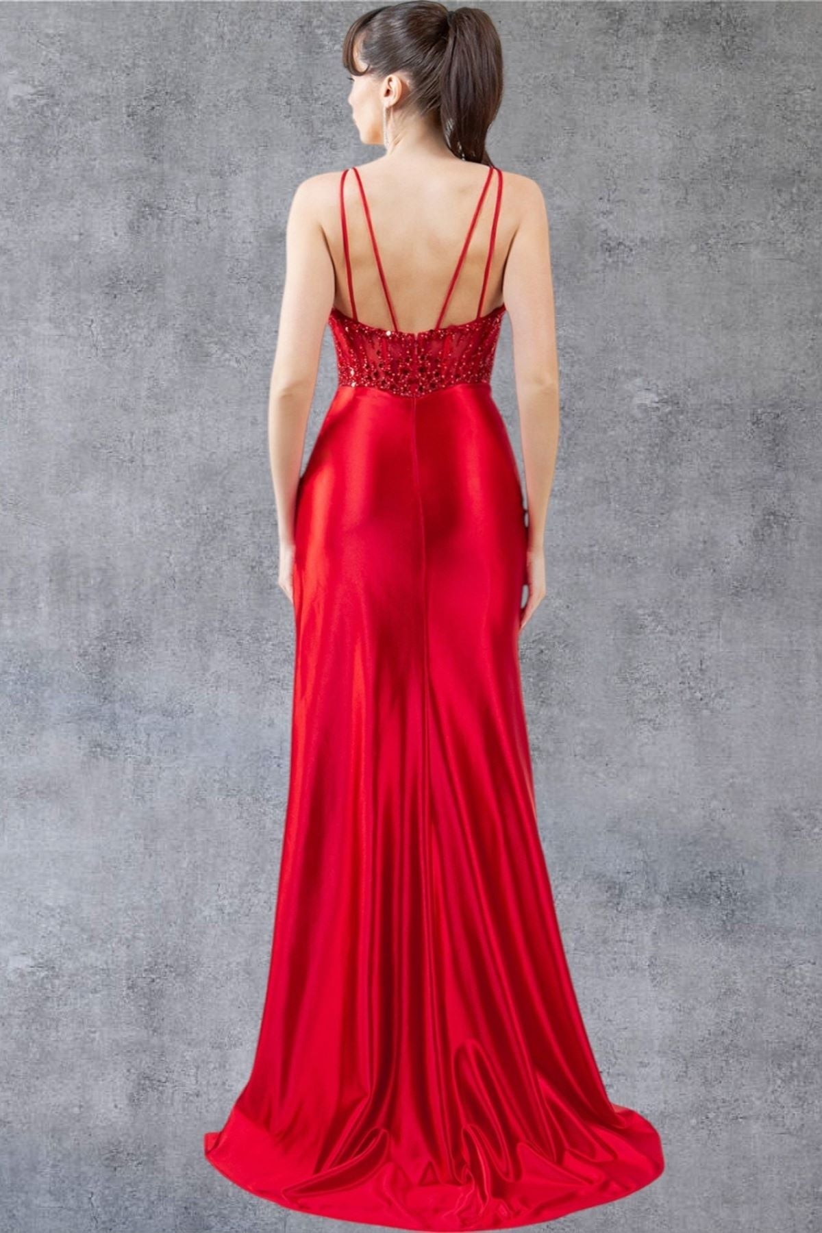 Prom Dresses Beaded Slit Long Formal Prom Sequin Dress Red