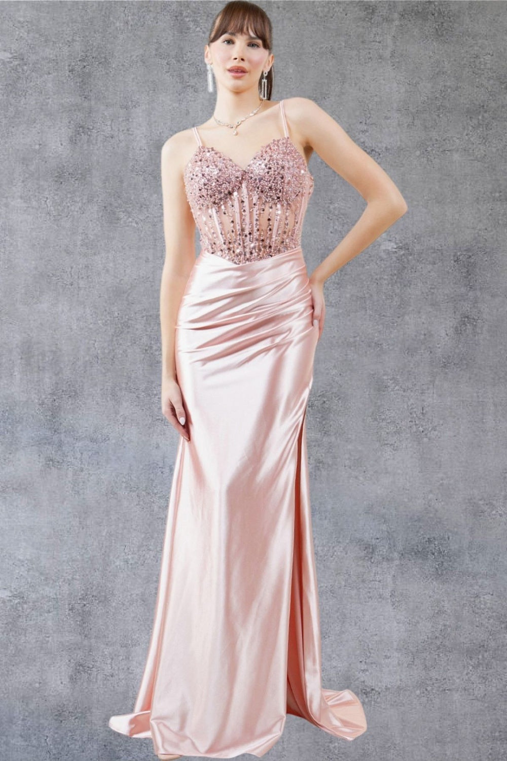 Prom Dresses Beaded Slit Long Formal Prom Sequin Dress Rose