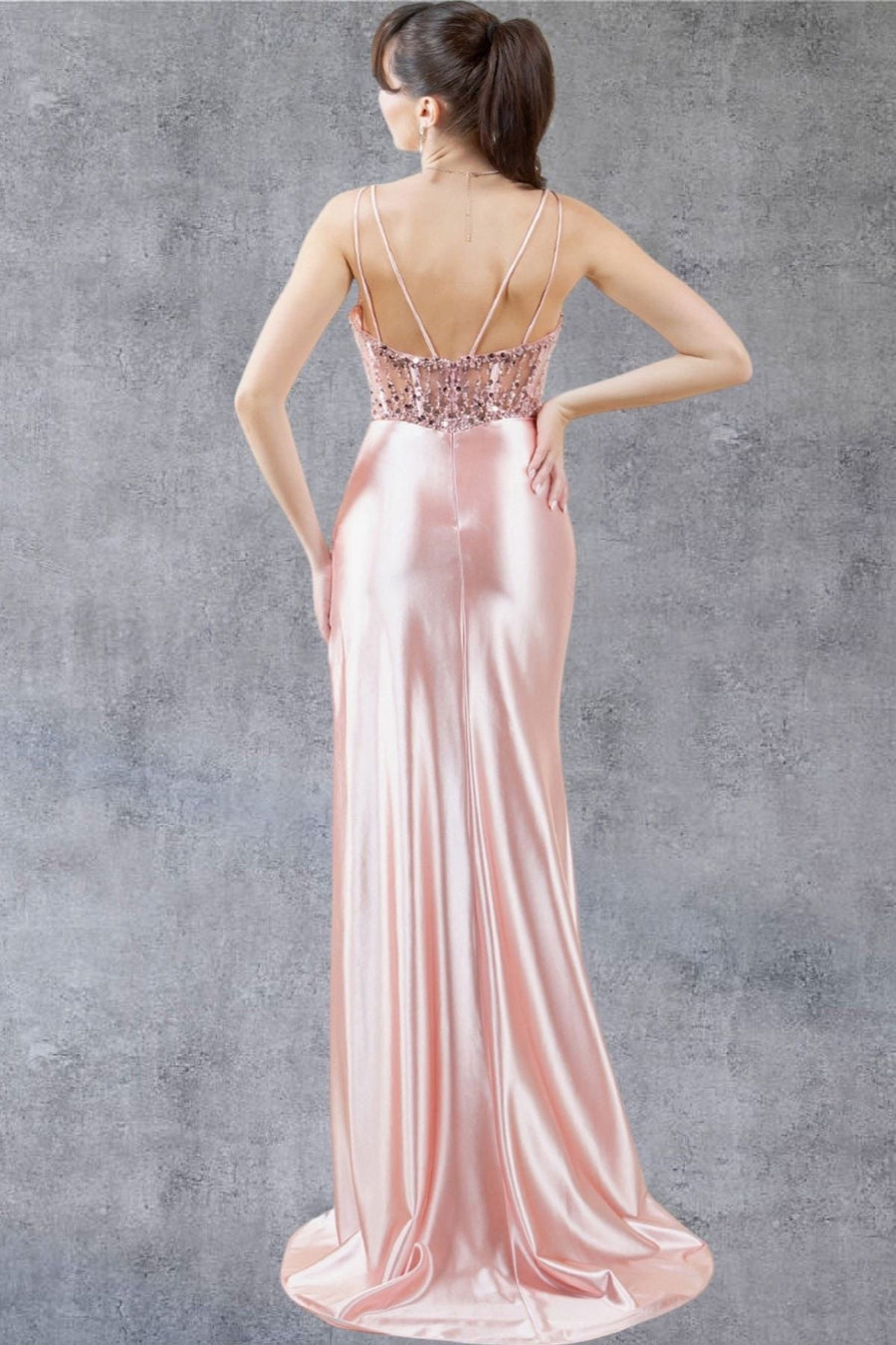 Prom Dresses Beaded Slit Long Formal Prom Sequin Dress Rose