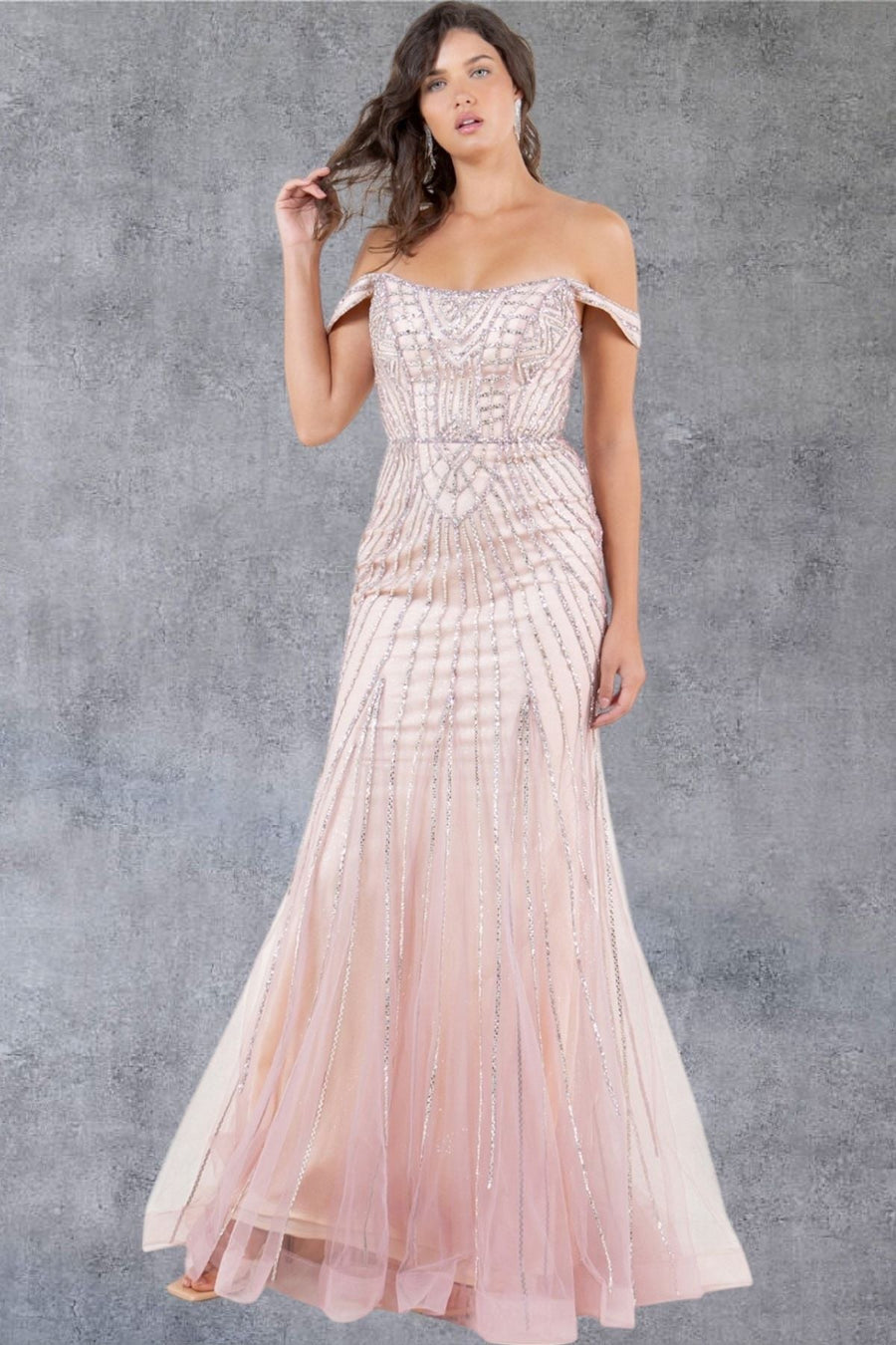 Prom Dresses Fitted Long Beaded Lace Formal Prom Dress Rose Gold