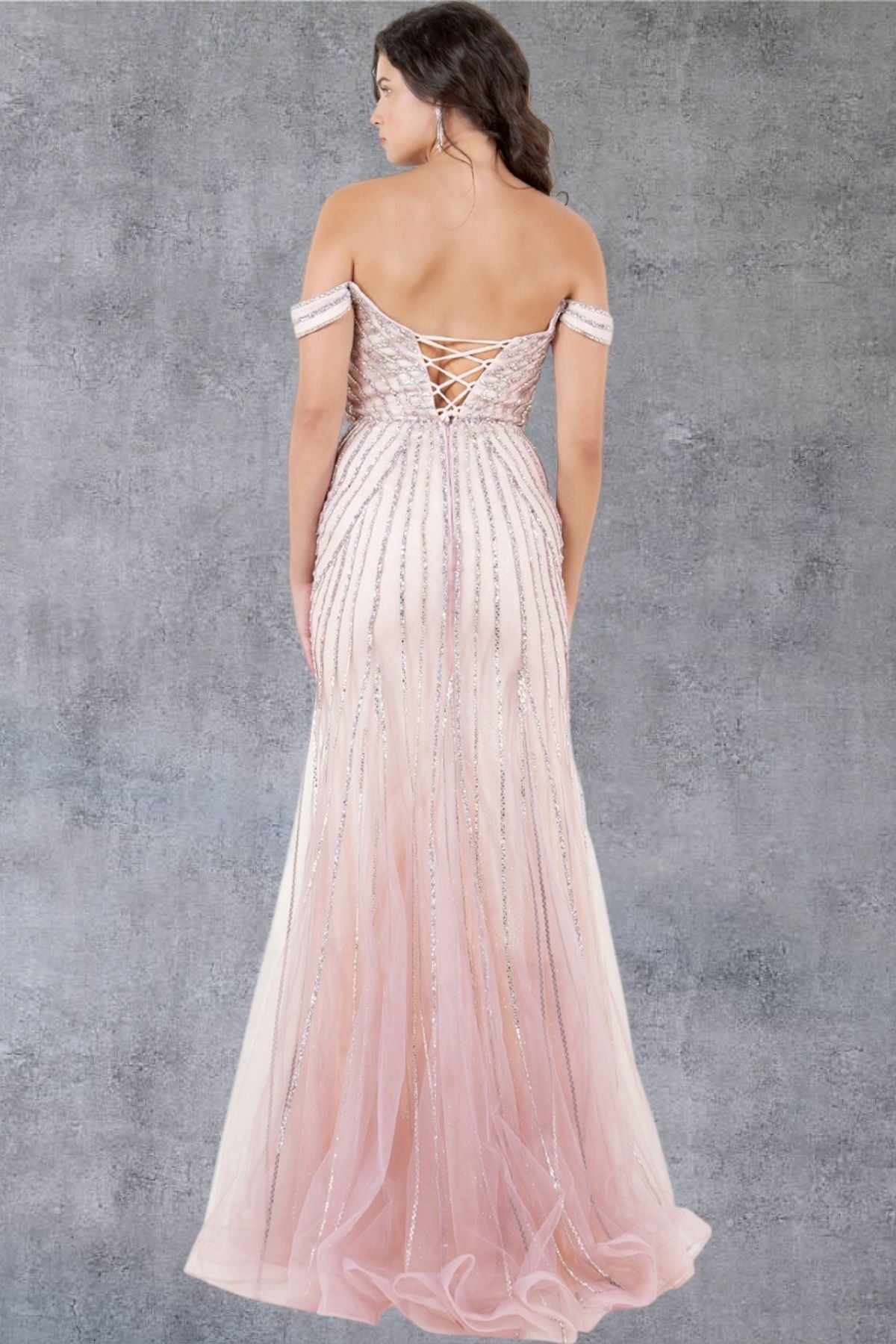 Prom Dresses Fitted Long Beaded Lace Formal Prom Dress Rose Gold