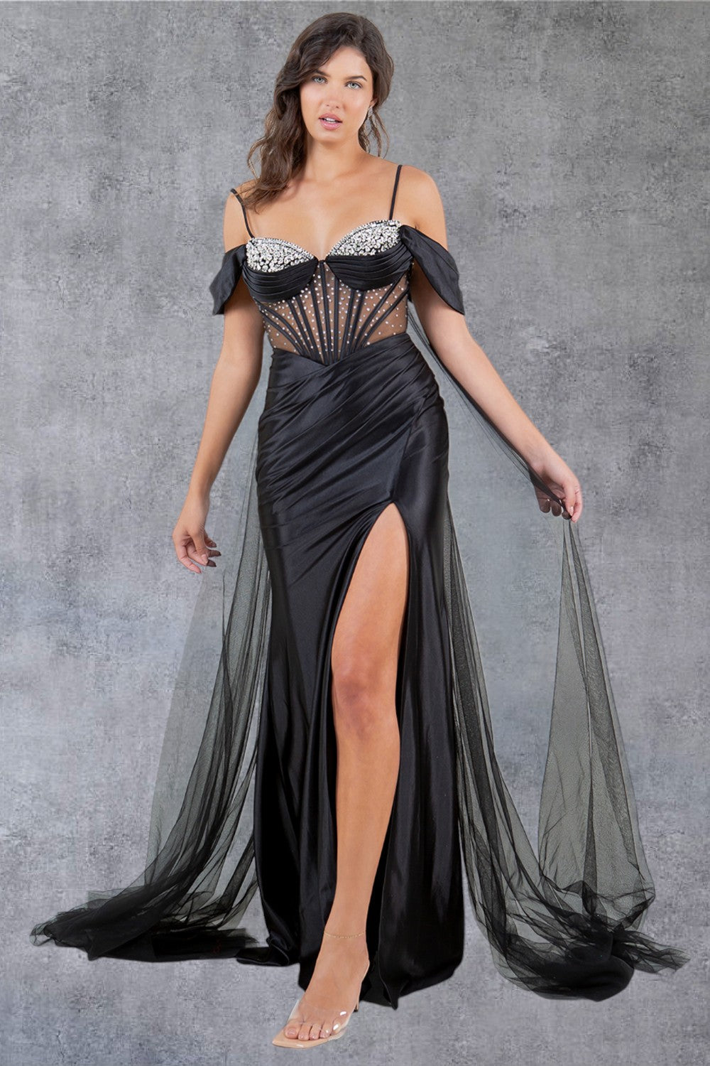Prom Dresses Long Beaded Slit Formal Prom Dress Black