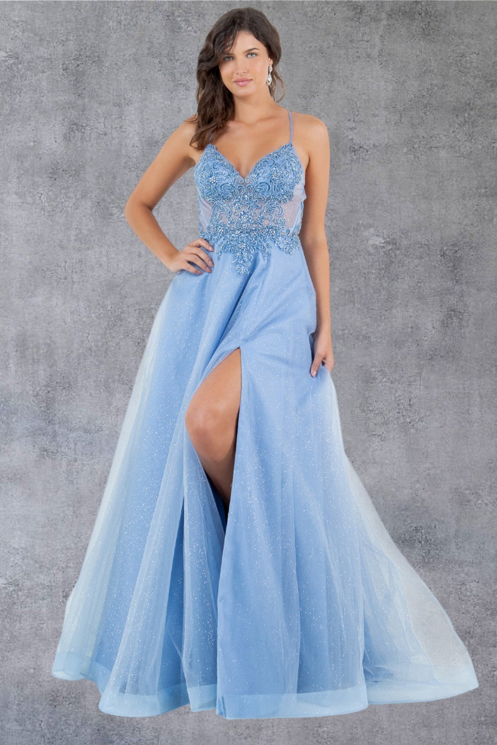 Prom Dresses Long Beaded Formal A Line Lace Prom Dress Dusty Blue