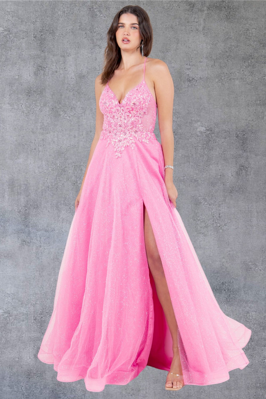 Prom Dresses Long Beaded Formal A Line Lace Prom Dress Hot Pink